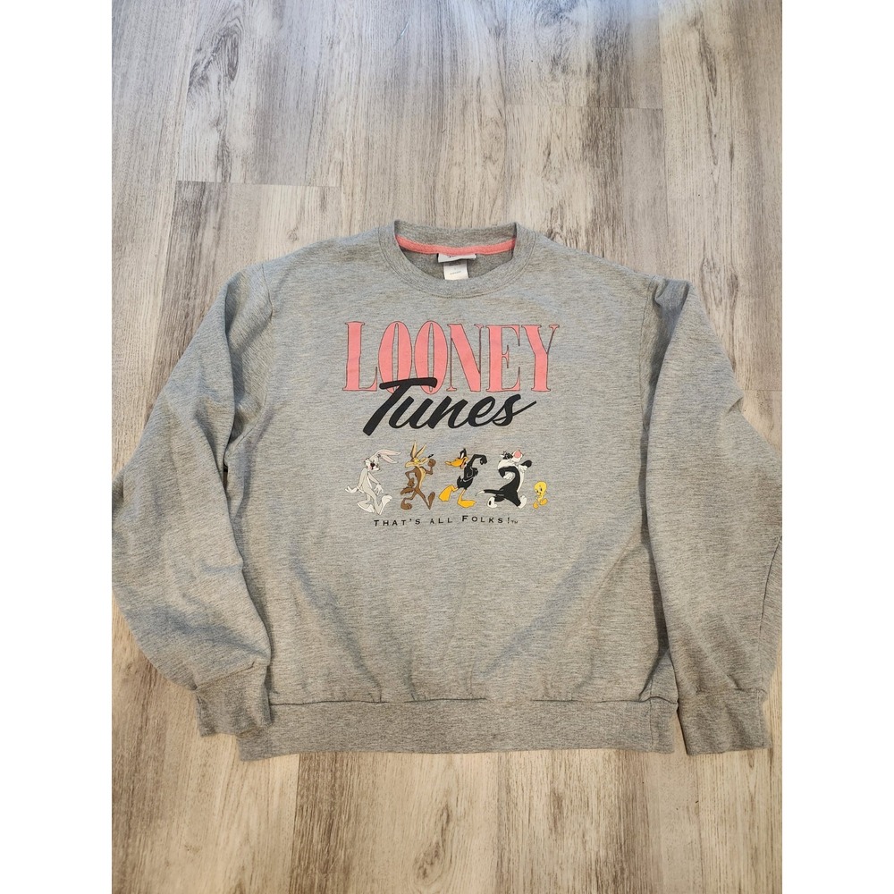 Looney Tunes Sweatshirt Womens Large Gray Graphic Lightweight Crew Neck Pullover